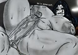 1boy 1girl black_hair explicit ghostfacik glistening_skin huge_breasts huge_penis ink keiko_(the_mimic) legs_spread lineart long_hair looking_at_another lying_on_back monochrome nsfw penis_on_pussy roblox roblox_game sketch smile sweat sweaty the_mimic thick_thighs tongue_out traditional_media