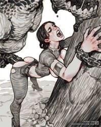 1boy 1girl armband ass asymmetrical_sleeves bdsm belt belt_pouch black_hair bondage bound breasts breasts_out chain closed_eyes commentary crying english_commentary from_above from_side hetero high_heels interspecies leaning_forward looking_up monster open_mouth padme_amidala pants penis pouch rape sabu_(sabudenego) saliva saliva_trail sex sex_from_behind shirt size_difference standing standing_sex star_wars torn_clothes torn_pants torn_shirt uncensored