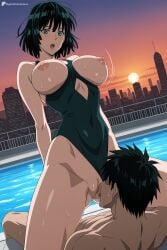 1boy 1girl ai_generated black_hair black_one-piece_swimsuit blush breasts breasts_out censored clothing_aside covered_navel cunnilingus digitalwaifugallery fubuki_(one-punch_man) green_eyes hetero hi_res high_quality high_resolution large_breasts mosaic_censoring nipples one-piece_swimsuit one-punch_man open_mouth oral patreon pool pussy seductive sexy short_hair spread_legs swimsuit swimsuit_aside uncensored watermark