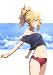 1girls black_and_red_panties blonde blonde_eyebrows blonde_female blonde_hair blonde_hair_female blush breasts closed_eyes fate/grand_order fate_(series) grin mordred_(fate) navel no_pants outside panties picot_trim picot_trim_panties ponytail red_panties standing stretching tagme thighs tonee