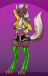 1girl 1girls 2025 3_toes 4_toes art_trade bitterbunz blind_peacock_draws blind_peacock_draws_(artist) clothed clothing cosplay felicia_(blindpeacockdraws) female full_body furry furry_breasts furry_ears furry_female furry_tail halloween hazbin_hotel hazbin_hotel_oc hellaverse hellhound helluva_boss helluva_boss_oc holidays jacket kpop_demon_hunters looking_at_viewer movie_reference muzzle netflix partially_clothed paws ponytail ponytail_mohawk pose posing red_eyes rumi_(kpop_demon_hunters)_(cosplay) shirt shorts smile smiling smiling_at_viewer snout stripper stripper_legging stripper_sleeves tagme tail