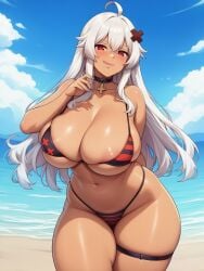 1girls ai_generated beach bikini bikini_top collar curvaceous curvy_figure erispheria female female_focus gyaru gyarufication hair_ornament hi_res high_resolution huge_breasts licking licking_own_lips red_eyes smile tanned tanned_female tanned_skin toned tongue_out twitch twitter virtual_youtuber vtuberfanart white_hair wide_hips x_hair_ornament youtube youtube_hispanic