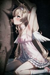 1boy 1girls age_difference ai_generated blonde_hair blowjob camera_view cat_ears catgirl clothed clothing fellatio indie_virtual_youtuber long_hair oral oral_sex petite petite_body petite_female size_difference submissive submissive_female ugly_bastard vhs_filter vtuber