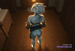 1girl ai_assisted ai_generated bare_legs colored_skin depth_of_field dick_in_ass earrings from_behind grey_skin hair_ornament hair_over_one_eye heavy_breathing jewelry long_hair medium_breasts messy_hair monster_girl necklace scales shirt_pulled_down short_hair skirt skirt_lifted sweaty warm_lighting white_top
