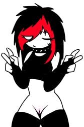 arm_warmers black_shirt black_thighhighs bottomless choker emo emo_girl emo_haircut emo_hairstyle mixi_bunny one_eye_closed peace_sign pussy sweat thick_thighs