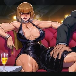 1boy 1girl 1girls accessory ai_assisted ai_generated alcohol alcoholic_drink angry angry_expression angry_face angry_vein anon anonymous_male artist_name black_dress brown_eyes brown_hair cigar cigar_in_hand cigarette crimson_lipstick dress drink fancy_clothing fancy_dress fit fit_female grabbing grabbing_thigh hand_on_thigh hidden_eyes hidden_face interrupted jewelry long_hair makeup medium_breasts muscular_male muscular_thighs nightclub nighttime one-piece_dress red_sofa rosa_ushiromiya sitting sitting_on_sofa sofa suit suit_jacket table tagme takhiai thick_thighs umineko_no_naku_koro_ni wristwear