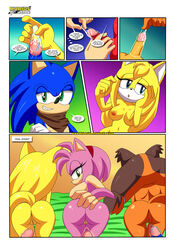 2boys 3girls amy_rose amy_rose_(boom) animal_genitalia anthro ass ass_focus ass_up breasts comic condom cum cum_on_penis doggy_style grabbing knuckles_the_echidna looking_back looking_pleasured penis pussy sonic_(series) sonic_boom sonic_the_hedgehog tail text vagina zooey_the_fox