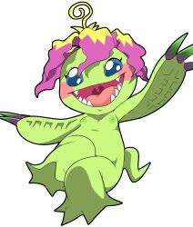 absurd_res blush blush_stickers breasts cel_shading digimon digimon_(species) elemental_creature female flora_fauna hi_res nude open_mouth open_smile palmon plant sharp_teeth simple_background smile solo teeth tongue uvula uyu white_background