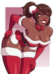 1girls bare_shoulders bare_thighs bearbuckscoffee bent_over bowtie breasts brown_hair christmas christmas_outfit cleavage clenched_teeth collarbone dark-skinned_female dark_skin elbow_gloves female_only fur_trim fur_trim_(clothing) gloves large_breasts lipstick medium_hair original panties ponytail red_eyes red_lips red_lipstick red_panties smile solo thick_thighs thighhighs thighs wide_hips