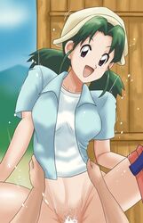 1boy 1girls alternate_breast_size alternate_version_at_source alternate_version_available bandana big_breasts bottomless breasts color cowgirl_position cum cum_in_pussy cum_inside female_on_top green_hair happy_sex hat holding_hips katrina_(pokemon) konomiminoko looking_at_viewer motion_lines open_mouth open_smile pokemon pokemon_(anime) pov pov_eye_contact purple_eyes sex shirt smile straddling straight sweat