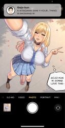 bedroom_eyes big_penis blush camera camera_hud choker english_text futanari gojou_wakana gyaru hung_futa kitagawa_marin large_breasts peace_sign penis_under_skirt phone_camera selfie selfie_pose shisohide skirt sono_bisque_doll_wa_koi_wo_suru thought_bubble tight_shirt