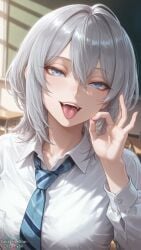 1girls ai_generated big_breasts blowjob_gesture blue_eyes breasts curvy curvy_body curvy_female dreamyan_ai fellatio_gesture female female_focus female_only grey_hair haimiya-senpai_wa_kowakute_kawaii haimiya_mio hi_res high_quality high_resolution highres huge_breasts large_breasts looking_at_viewer medium_hair open_mouth schoolgirl seductive seductive_eyes seductive_look seductive_mouth seductive_pose seductive_smile smile smiling solo solo_female solo_focus thick_ass thick_thighs thighs tongue tongue_out uncensored