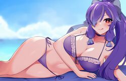 beach big_breasts bikini blue_hair blush cloud female female_only hair_over_one_eye hair_ribbon latam_virtual_youtuber looking_at_viewer lumy_crystal ponytail purple_nails red_eyes sct_project smile two_tone_hair virtual_youtuber