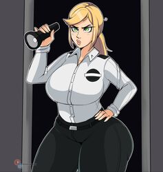 1girls big_breasts blonde_hair bluueygooey bottom_heavy breasts curvy curvy_female curvy_figure five_nights_at_freddy's five_nights_at_freddy's:_security_breach green_eyes holding holding_object huge_breasts lantern large_breasts pawg ponytail security_guard solo thick thick_thighs thighs uniform vanessa_(fnaf) wide_hips yellow_hair