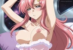 1girl ai_generated aimisaka armpits arms_up babydoll blue_eyes blush bouncing_breasts breasts breasts_out clothes_pull collarbone flying_sweatdrops gundam gundam_seed hair_between_eyes hair_ornament indoors lacus_clyne large_breasts lingerie long_hair looking_at_viewer negligee nightgown nipples parted_lips patreon_url patreon_username pillow pink_hair solo space sweat underwear upper_body watermark
