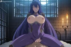 1boy 1girl ai_generated akiyama_rinko blue_hair bodysuit breasts breasts_out candle candlelight clenched_teeth covered_navel cowgirl_position digitalwaifugallery full_moon girl_on_top hetero hi_res high_quality high_resolution indoors large_breasts long_hair looking_at_viewer moon night nipples nude patreon patreon_username ponytail pov purple_bodysuit purple_eyes pussy seductive sex sexy solo_focus straddling sweat taimanin_(series) teeth torn_bodysuit torn_clothes uncensored vaginal very_long_hair watermark window