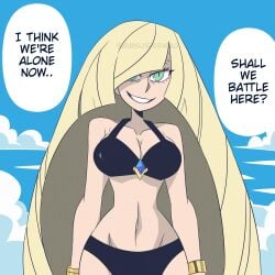 1girls beach beach_background bikini blonde_hair boobs breasts english_text eyelashes green_eyes human long_hair lusamine_(pokemon) neckline pokemon sayasushiswag swimsuit text white_skin