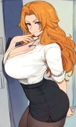 1girls ai_generated big_ass big_breasts bleach bleach:_the_thousand-year_blood_war blue_eyes curvy curvy_body curvy_female curvy_figure huge_ass huge_breasts large_ass large_breasts light-skinned_female light_skin long_hair looking_at_viewer matsumoto_rangiku mature_female milf necklace orange_hair pantyhose pencil_skirt seductive seductive_look shiny shiny_skin shirt skirt solo solo_female