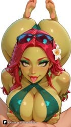 1boy 1girl ai_generated artist_name ass bare_shoulders barefoot bikini blush breasts breasts_squeezed_together cleavage colored_skin dark_skin dc dc_comics earrings explicit eyeliner eyeshadow eyewear_on_head feet flower green_bikini green_eyes green_nails green_skin hair_flower hair_ornament halterneck harley_quinn_(series) hetero jewelry large_breasts legs_up lipstick long_hair looking_at_viewer makeup nail_polish paizuri paizuri_under_clothes patreon penis poison_ivy pov pov_crotch red_hair saliva senpai_pixels simple_background soles solo_focus sunglasses sweat swimsuit tan toes tongue tongue_out white_background
