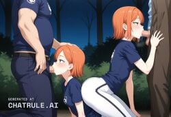 1girl ai_assisted ai_generated big_butt blowjob blue_shirt blush clothed clothing couple dark_green_eyes deep_throat fellatio female from_side girl girly green_eyes kneeling night night_guard oral orange_hair outdoors short_hair small_breasts spreading_legs squating sucking_penis white_leggings whore younger_female