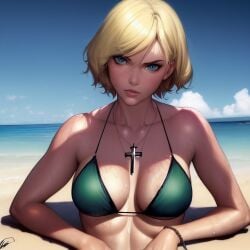 ai_generated azov_chan beach beautiful bikini bikini_top black_bikini_top blonde blonde_female blonde_hair blue_eyes cross erotic looking_at_viewer marichka seaside small_breasts solo solo_female solo_focus ukrainian ukrainian_girl wristwear
