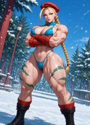 1girls abs ai_generated arms_crossed athletic_female big_breasts bikini blonde_hair blue_eyes bodypaint boots braided_pigtails cammy_white cap capcom cleavage curvaceous curvy_female eyes female female_only hat hourglass_figure large_breasts light-skinned_female light_skin muscle_mommy muscular_arms muscular_female muscular_thighs outdoors pigtail_braids pigtails snow standing street_fighter thick thick_thighs thunder_thighs voluptuous voluptuous_female wide_hips