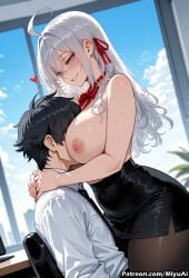 1boy 1girl ahoge ai_assisted ai_generated alisa_mikhailovna_kujou areolae bangs bare_shoulders black_hair black_skirt blue_eyes blush breast_smother breasts breasts_outside curvaceous curvy curvy_female curvy_figure female hair_ribbon heart hetero large_breasts long_hair miyuai nipples office_lady pantyhose pencil_skirt ribbon shirt silver_hair skirt sky smile thick thick_ass thick_butt thick_hips thick_legs thick_thighs tokidoki_bosotto_russian_de_dereru_tonari_no_alya-san voluptuous voluptuous_female wide_hips wide_thighs