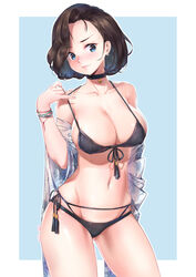 1girls 2019 arm_up barely_clothed belly big_breasts bikini bikini_bottom bikini_top black_hair blue_hair blush bracelet breasts choker earrings female female_only high_resolution looking_at_viewer mature mature_female milf muto navel nipple_bulge original short_hair simple_background sweat thick_thighs thighs wet