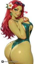 1girl ai_generated artist_name ass breasts cleavage colored_skin dc dc_comics earrings eyeshadow eyewear_on_head flower green_eyes hair_flower hair_ornament harley_quinn_(series) heart huge_ass jewelry large_breasts lipstick long_hair looking_at_viewer makeup nail_polish one-piece_swimsuit parted_lips patreon poison_ivy red_hair red_nails senpai_pixels sensitive shiny shiny_skin simple_background smile solo sunglasses swimsuit thick_thighs thighs white_background