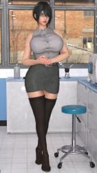 1female 1girls 3d 3d_(artwork) absurd_res beautiful_woman belted_skirt beltskirt black-haired_female black_skirt character_request crossed_legs_(standing) dakkar107 doctor emotionless emotionless_female female_focus female_only femsub high_heels high_quality highres huge_breasts long_skirt massive_breasts original pencil_skirt pinup posing short-haired_female stockings thighhighs tight_skirt