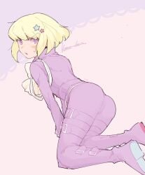 1boy 1femboy androgynous ass ass_focus blonde_hair blush blushing blushing_at_viewer bob_cut clothed clothing femboy femboy_only feminine_faced_male feminine_male fully_clothed lio_fotia looking_at_viewer nervous petite petite_body petite_male promare questionable short_hair short_male shy skin_tight slim slim_male slim_waist solo suggestive thin_waist tight_clothing twink