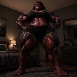 ai_generated anthro barefoot bedroom_background gothic hands_on_hips oc scalie scalie_humanoid shorts tank_top tattooed_female two_tone_hair two_tone_skin