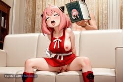 1_girl 1boy 1girl ai_assisted ai_generated anya_forger bent_forward big_breasts boobs breasts_exposed contrapposto erotic front_view gold_bracelet green_eyes hair half_closed_eyes hand_on_own_hip horny knee_boots laces large_breasts legs_spread looking_at_viewer naked open_mouth pink_hair pink_nipples pussy_exposed red_boots red_dress rolling_eyes saliva sex sexy sleeveless smile solo spy_x_family standing thumbs_up tongue_out vaginal_penetration