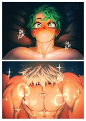 2boys abs absurdres bakugou_katsuki blonde_hair blush body_freckles boku_no_hero_academia border closed_eyes commentary english_commentary freckles green_eyes grey_hair highres izuku_midoriya katsuki_bakugou legs_up looking_at_another lying male_focus midoriya_izuku multiple_boys my_hero_academia nipples nyxdrawhine on_back on_bed pectorals pov scar scar_on_arm sex short_hair sparkle spiked_hair sweat white_border yaoi