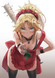 1girls 2d_(artwork) anger_vein annoyed apron baseball_bat bent_over bikini black_bikini black_swimsuit blonde blonde_eyebrows blonde_female blonde_hair blonde_hair_female blush breasts breasts_apart choker cleavage fang_out fangs fate/grand_order fate_(series) green_eyes mordred_(fate) necklace ponytail standing swimsuit thighhighs tonee weapon