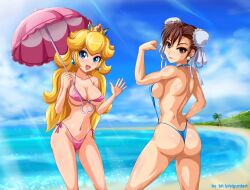 2girls ass bad_link beach bikini blonde_hair blue_eyes breasts brown_eyes brown_hair capcom chun-li cleavage cloud covered_nipples crown day highres light_rays mario_(series) multiple_girls navel nintendo outdoors palm_tree parasol princess_peach shiny_skin side-tie_bikini_bottom sideboob sigurdhosenfeld sky sling_bikini sling_swimsuit slingshot_bikini slingshot_swimsuit street_fighter sunbeam sunlight swimsuit tree umbrella