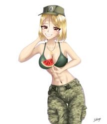 abs azov_chan blonde blonde_female blonde_hair cross green_eyes implied_paizuri marichka military_cap military_hat military_uniform partially_nude smile smiling smiling_at_viewer tryzub ukrainian ukrainian_girl watermelon watermelon_slice