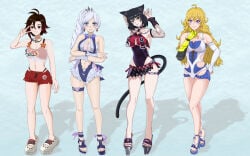 4girls belle_(zenless_zone_zero)_(cosplay) black_hair black_hair_female blake_belladonna blonde_female blonde_hair blue_eyes cat_ears crossover half-dressed half_naked half_naked_female jane_doe_(zenless_zone_zero)_(cosplay) long_hair long_hair_female purple_eyes robotic_arm ruby_rose rwby silver_eyes tail team_rwby weiss_schnee white_hair white_hair_female yang_xiao_long yellow_eyes zenless_zone_zero