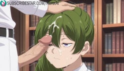 1boy 1girls after_fellatio ai_generated artist_name artist_signature blurry bukkake cum cum_in_mouth cum_on_body cum_on_breasts cum_on_clothes cum_on_hair cum_on_self cum_on_tongue cum_string depth_of_field ejaculation erection facial green_hair hetero hi_res high_resolution highres indoors kurutai motion_lines out_of_frame penis purple_eyes solo_focus sousou_no_frieren subscribestar subscribestar_username trembling ubel_(cosplay) uncensored veins veiny_penis