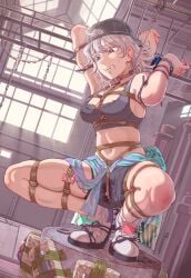 absurdres armpits arms_up baseball_cap bdsm bomb bondage bound breasts clenched_teeth commentary_request crop_top crotch_rope cuffs egg_vibrator explosive girls'_frontline grey_hair handcuffs hat highres leveen long_hair looking_down medium_breasts navel open_mouth purple_eyes pussy_juice sex_toy sharp_teeth shibari shibari_over_clothes shoes skindentation sl8_(girls'_frontline) sneakers spread_legs squatting stomach teeth vibrator