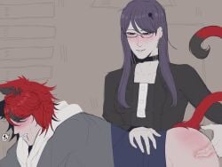 1boy 1boy1girl 1girls anal_fingering blush catboy choker closed_eyes clothed_female_nude_male drooling femdom glasses hiruko_shizuhara long_hair looking_pleasured malesub multicolored_hair purple_hair red_hair shizuhara_hiruko sumino_takumi tail takumi_sumino the_hundred_line_-last_defense_academy-