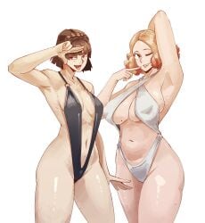 2girls arms_behind_head arms_up ass atlus belly big_breasts bikini black_swimsuit breasts brown_eyes brown_hair chubby chubby_female cleavage crown_braid cupperthesecond female female_only flirting_look haru_okumura highres hips large_breasts makoto_niijima medium_breasts multiple_females multiple_girls one-piece_swimsuit orange_hair persona persona_5 sega short_hair size_difference slightly_chubby smile smiling swimsuit thick_thighs thighs white_swimsuit wide_hips wink