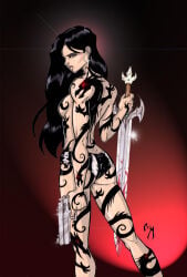 1girls 2012 ass big_ass big_breasts black_hair breasts crimsonartz female gun solo sword tagme_(character) tagme_(series) tattoo
