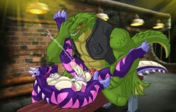 2boys anal anal_sex anthro anthro_on_anthro balls batman_(series) big_penis black_vest clothing crocodile crocodilian cum cum_in_anus cumshot dc dc_comics dragon duo ejaculation erection eyes_closed fan_character feet frankyzaraki furry furry_male furry_only gay genitals green_skin hand_on_leg huge_cock indoors interspecies killer_croc large_penis long_tail lying_on_back male male/male male_only mature_male muscles muscular muscular_male penis penis_in_anus purple_skin red_penis reptile scalie smile tail teeth testicles villain yaoi