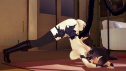 1girl alternate_genitals big_ass black_hair boots breasts dragon_girl dragon_tail embarrassed embarrassed_nude_female first_porn_of_character gradient_hair hopesodesirable horns jack-o_pose koikatsu large_breasts mostly_nude nipples original_character red_eyes scales thigh_strap thighhighs thighs white_hair