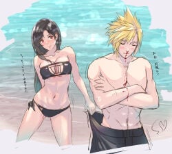 1boy 1girl absurdres alternate_costume arm_behind_back aroused_nosebleed bare_arms bare_shoulders beach big_breasts bikini black_bikini black_hair black_swim_trunks black_swimsuit blonde_hair blood blush breasts breasts_squeezed_together cleavage closed_eyes closed_mouth cloud_strife collarbone commentary_request couple crossed_arms earrings feet_out_of_frame final_fantasy final_fantasy_vii final_fantasy_vii_rebirth final_fantasy_vii_remake hetero highres jewelry large_breasts long_hair male_swimwear muscular muscular_male navel nosebleed ocean pectorals pulling_another's_clothes red_eyes sand shimamiyako short_hair side-tie_bikini_bottom smile spiked_hair square_enix stomach swim_trunks swimsuit teardrop_earrings tifa_lockhart topless_male