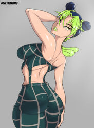 1girls alysianarts ass big_breasts breasts female female_only fully_clothed green_hair grey_background jojo's_bizarre_adventure jolyne_kujo lipstick sideboob solo stone_ocean thick_thighs thighs tight_clothing