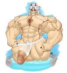 1boy abs arataki_itto balls biceps flaccid gab_art genshin_impact hyper hyper_balls hyper_genitalia hyper_penis hyper_testicles male male_focus male_only muscles muscular muscular_arms muscular_legs muscular_male muscular_thighs nipples pecs penis solo solo_male sweat sweating sweaty testicles veins