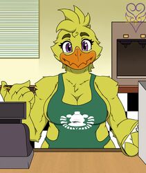 2021 4_fingers android animatronic anthro anthrofied apron apron_only avian beak belly big_breasts bird breasts chica_(fnaf) chicken clothing eyebrows eyelashes feathers female fingers five_nights_at_freddy's galliform gallus_(genus) half_naked hi_res holding_notebook holding_object holding_pen iced_latte_with_breast_milk lagomorph looking_at_viewer machine mammal meme mostly_nude nipples non-mammal_breasts nude orange_beak overweight overweight_anthro overweight_female pen phasianid purple_eyes robot smile thevgbear video_games wide_hips winged_arms wings yellow_body yellow_feathers yellow_nipples yellow_pubes