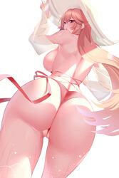 1girls 2020 ass ass_focus azur_lane back backless_swimsuit bangs bare_shoulders big_ass blonde_hair blush breasts detached_sleeves female female_only hat highleg highleg_swimsuit highres iris_libre_(azur_lane) kaneko_(bblogtinhan) large_breasts light-skinned_female light_skin long_hair looking_at_viewer official_alternate_costume open_mouth partially_visible_vulva pink_eyes pink_swimsuit richelieu_(azur_lane) richelieu_(fleuron_of_the_waves)_(azur_lane) sideboob simple_background solo sun_hat swimsuit thighs thong wedgie white_background